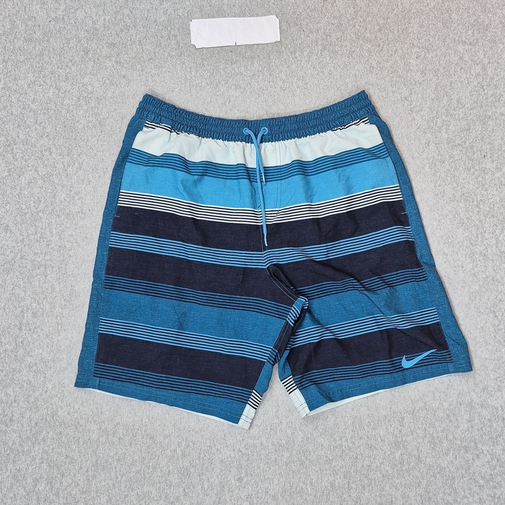 Nike Men Activewear Shorts L Blue Swimwear Striped Logo 9" Inseam